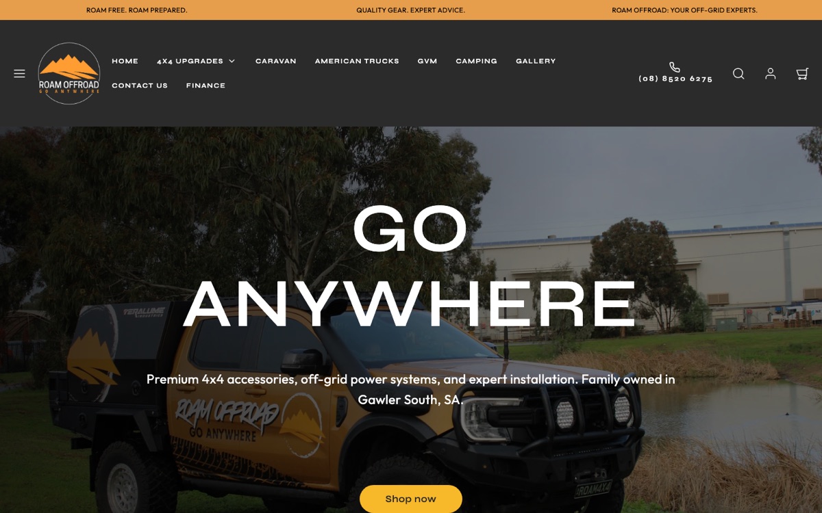 Roam Offroad website — 4x4 accessories Gawler and Adelaide